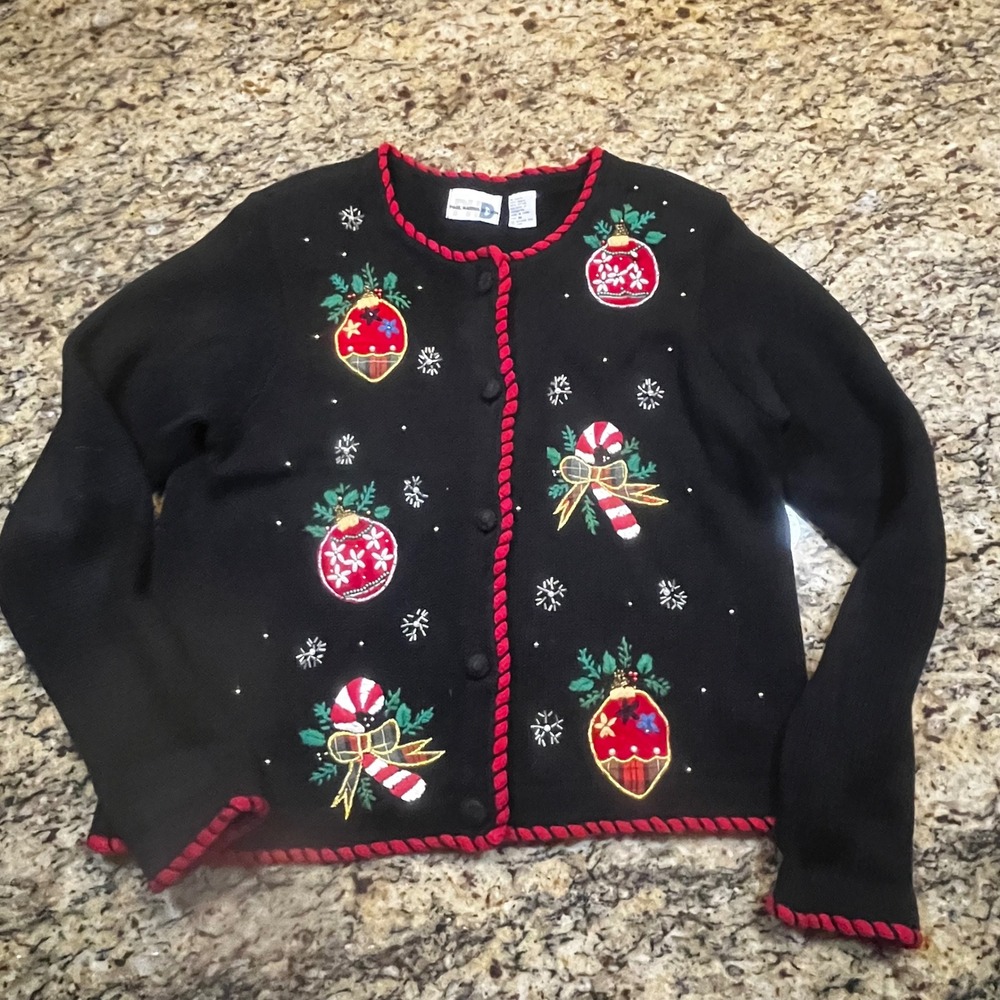 Paul Harris Design Christmas Cardigan Sweater Womens Medium Black Beaded Holiday